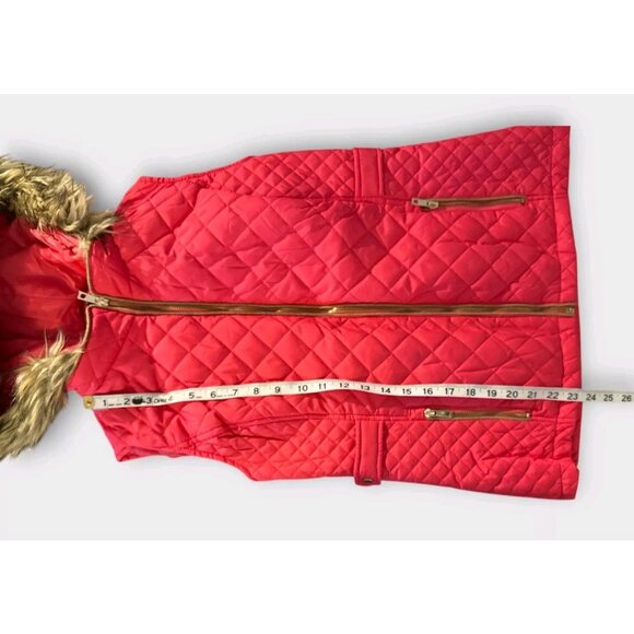 C'ESTTOI Womens Sz M Hooded Puffer Vest Detachable Faux Fur Hood Pink/Orange - Picture 7 of 7